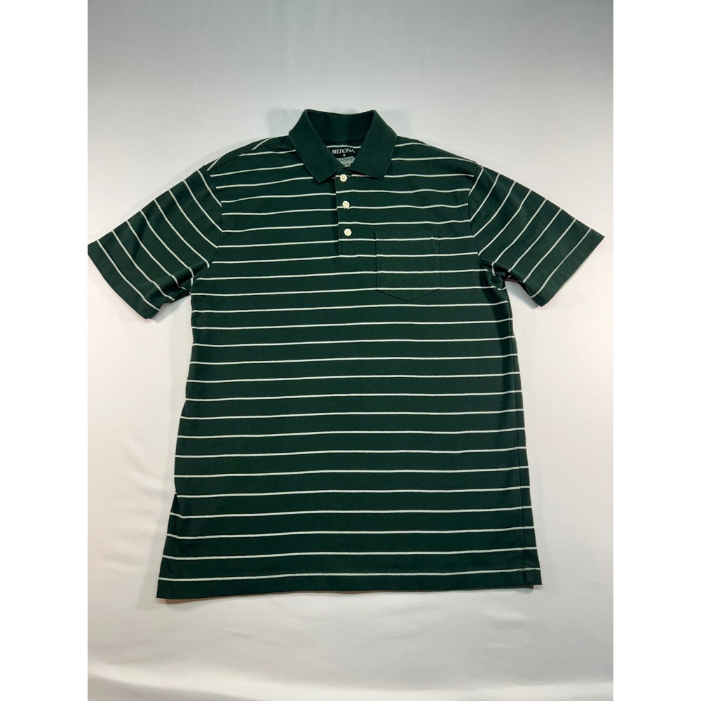 Merona Mens Dark Green White Striped Short Sleeve Polo Shirt Chest Pocket Size M